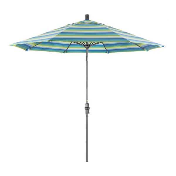 California Umbrella 9 ft. Hammertone Grey Aluminum Market Patio Umbrella with Collar Tilt Crank Lift in Seville Seaside Sunbrella