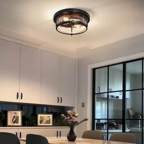流木を 加工した浮き玉の 照明です HUOKU Lumin 11.8 in. 2-Light Matte Black Drum Flush Mount with
