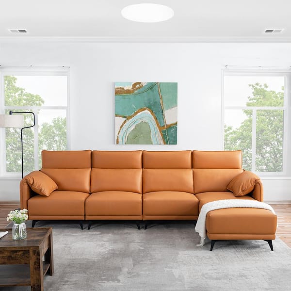 HOMESTOCK 122.83 in. Faux Leather 4 Seater Sofa Couch with Ottoman Small Sectional Sofa Set for Living Room in Caramel 50019HD