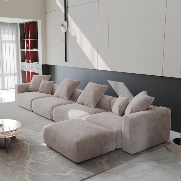 J&E Home 181.1 in. Square Arm 5-Piece Corduroy Modular Sectional Sofa in Brown with Removable Covers and Ottoman