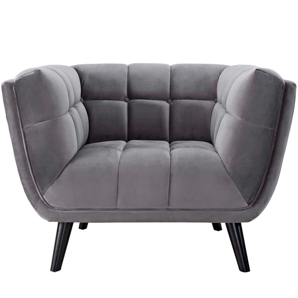 Black Velvet and Wood Mid-Century Modern Accent Chair
