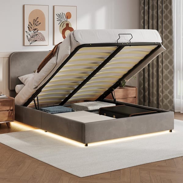 Harper & Bright Designs Gray Wood Frame Full Size Upholstered Platform Bed Hydraulic Storage Bed with RGB LED Light and Bluetooth Speaker