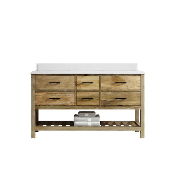 Willow Collections Parker Mango 60 in. W. x 22 in. D x 36 in. H Double Sink Bath Vanity in Natural Mango with 1.5 in. White Qt. Top