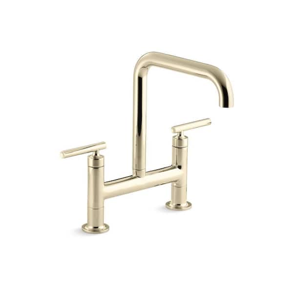 KOHLER Purist Double-Handle Surface Mount Bridge Kitchen Faucet in Vibrant French Gold