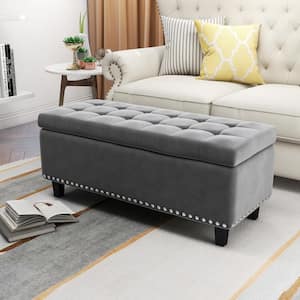 40.5 in. L Gray Velvet Rectangle Bench Ottoman with Storage