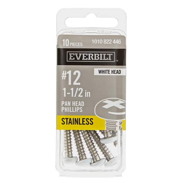 #12 x 1-1/2 in. White Stainless Steel Phillips Pan Head Sheet Metal Screw (10-Pack)