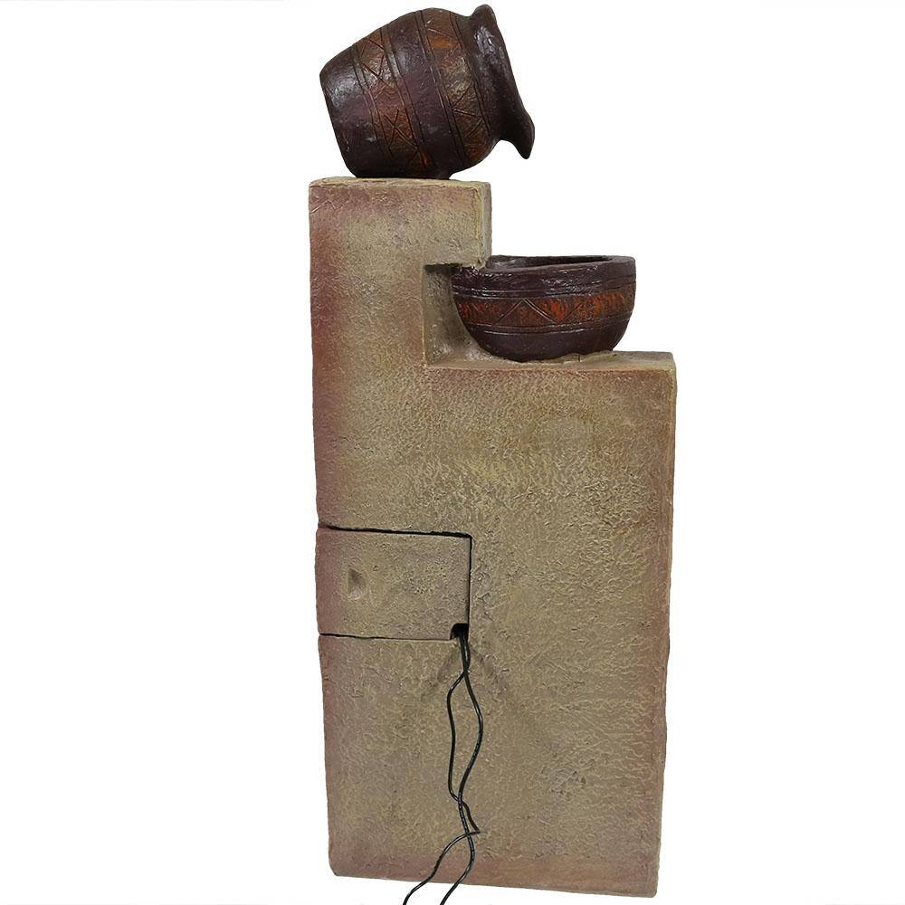 30-Inch Brown Polystone Solar Powered Cascading Water Fountain with LED Light