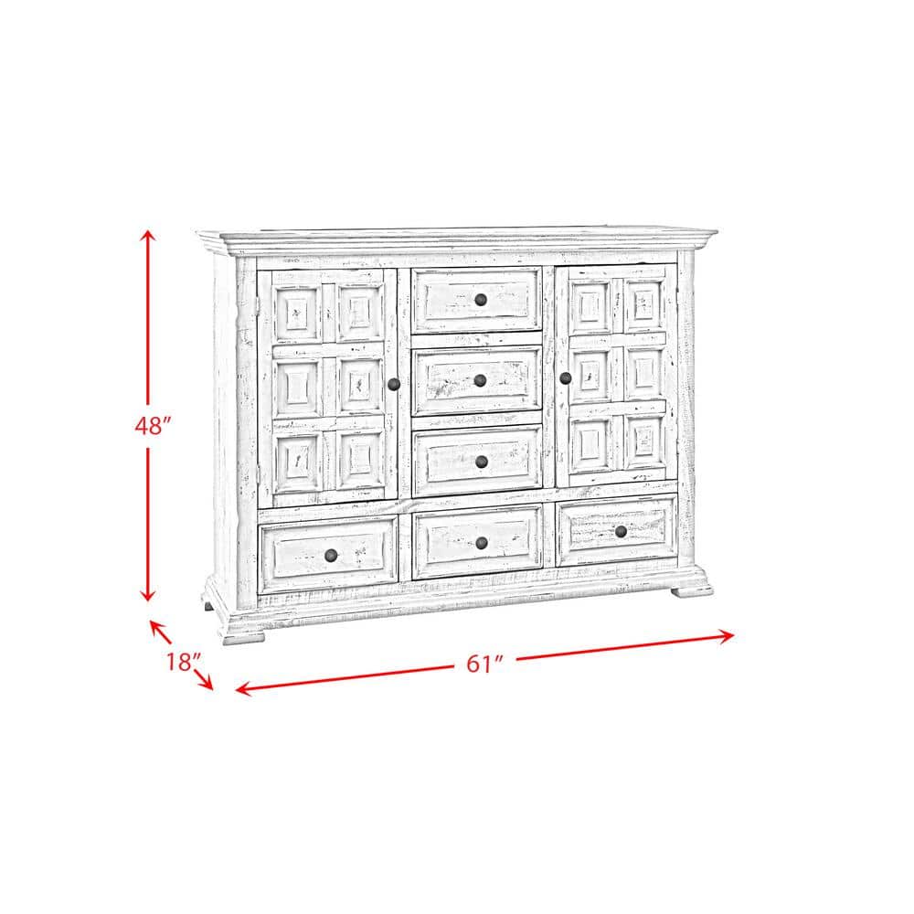 Rustic Farmhouse 61" White Wood Dresser with 6 Dovetail Drawers