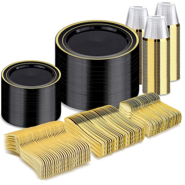 600-Piece Plastic Disposable Dinnerware Set, Service for 100, Plates, Cups, Knives, Forks, Spoons for Parties, in Black