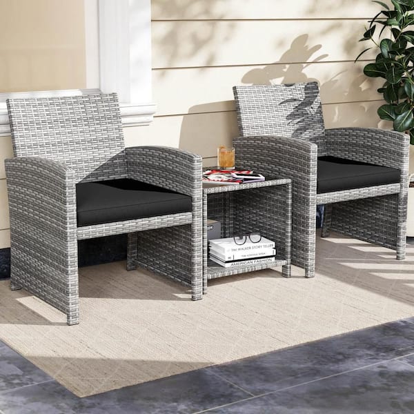 3-Piece Wicker Patio Conversation Set with Tempered Glass Coffee Table and Soft Seat Black Cushions