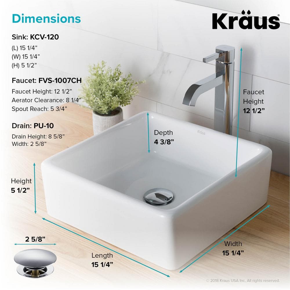 White Ceramic Square Vessel Sink with Chrome Faucet