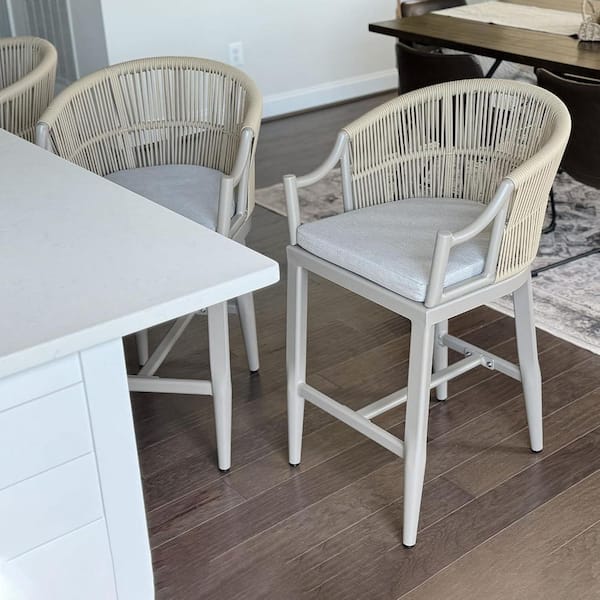 Modern Boho Metal Counter Height Rattan Outdoor Bar Stool Chairs with Ergonomic Armrest and Cushion, Champagne(2 Pack)