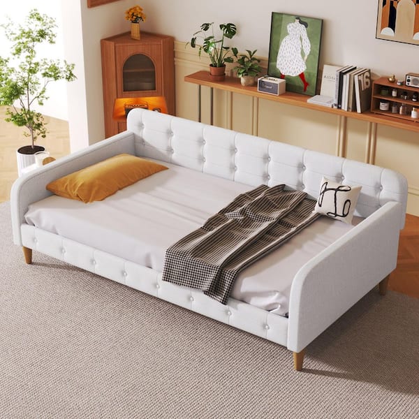 Harper & Bright Designs Button-Tufted Beige Wood Frame Twin Size Linen Upholstered Daybed with Additional Support Legs