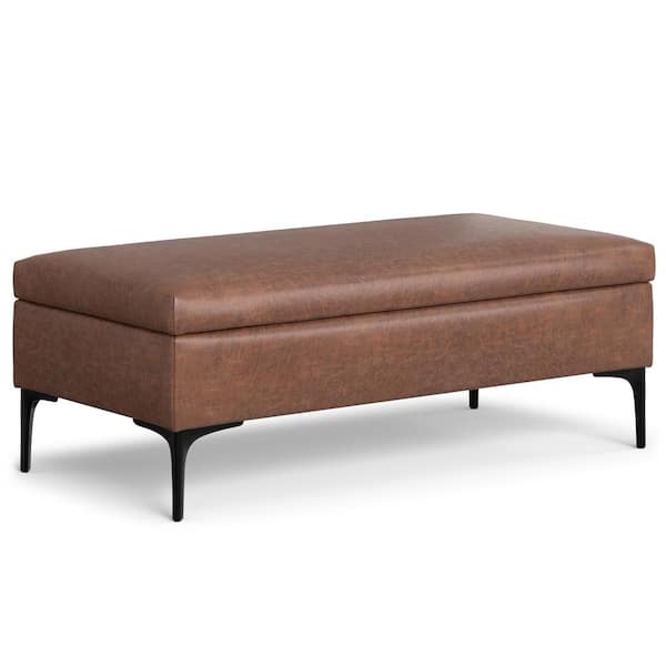 Simpli Home Rebecca 48 in. Rectangle Coffee Table Storage Ottoman with Lift up Lid, Distressed Saddle Brown Faux Leather, Assembled