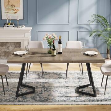 Farmhouse Grey & Black Wood 55 in. Trestle Dining Table, Dinner Table with Metal Legs Seats 6