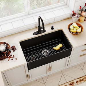 Black Fireclay 30 in. Single Bowl Farmhouse Apron Kitchen Sink with Pull Down Kitchen Faucets and Accessories