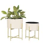 12 in. and 16 in. Medium Pink Metal Indoor Outdoor Planter with Removable Gold Stand (2- Pack)