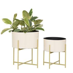 12in. Medium Pink Metal Indoor Outdoor Planter with Removable Gold Stand (2- Pack)