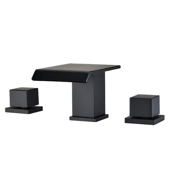 YASINU 8 in. Widespread Double Handles Deck Mount Mid Arc Spout Bathroom Faucet and Waterfall Spout in Matte Black