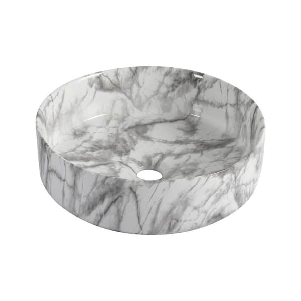 15.7 in. White Background With Grey Patterns Ceramic Round Vessel Bathroom Sink