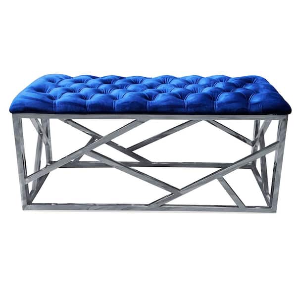 Best Master Furniture Barbosa Blue Velvet Accent Bench, Silver 39 in. D x 17.5 in. H