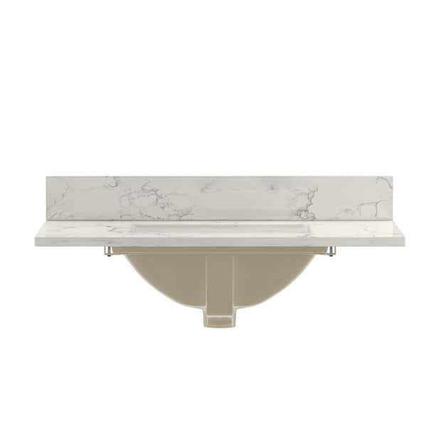 Carrara - Tocador de baño de 31 pulgadas, piedra sinterizada dorada Carrara  con fregadero rectangular de cerámica bajo montaje inferior y protector