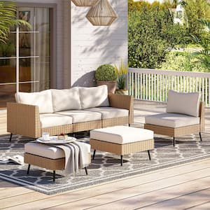 6-Piece Wicker Outdoor Sectional Set with Beige Cushions