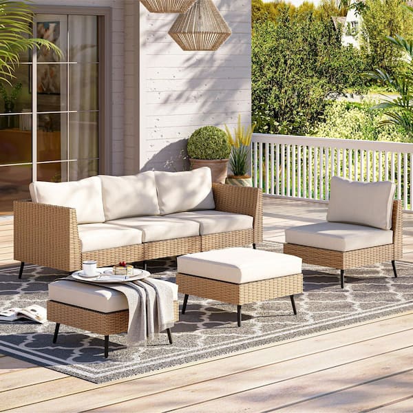 6-Piece Wicker Outdoor Sectional Set with Beige Cushions