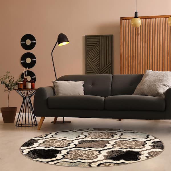 Viking Ivory 8 ft. Round Contemporary Trellis Non-Slip Area Rug
