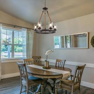 Farmhouse 6-Light Dark Brown Wagon Wheel Island Rustic Chandelier with Cylinder Clear Glass Shades and Natural Ropes