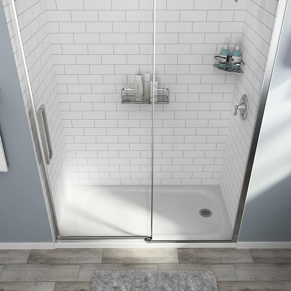 Alcove Shower Wall In White Subway Tile, Faux Subway Tile Shower Surround