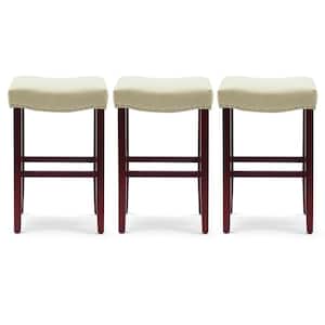 Jameson 29 in. Bar Height Cherry Wood Finish Backless Nail Head Trim Barstool with Beige Linen Saddle Seat (Set of 3)