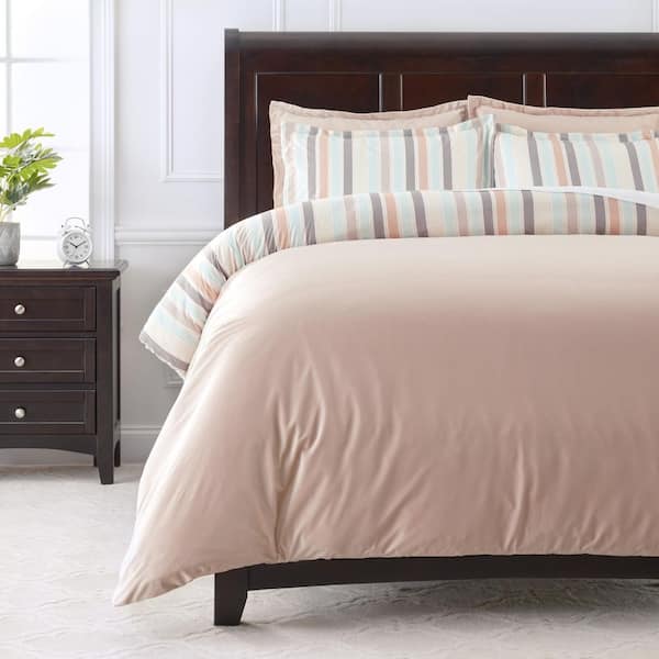 CHANASYA Chanasya 5-Piece Pastel Pink Stripe Print Reversible Microfiber Duvet Cover Set, Queen