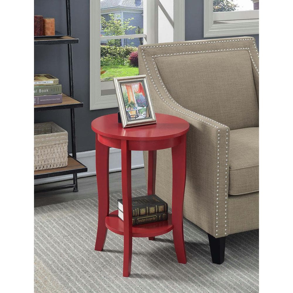 Cranberry Red Round Wooden End Table with Storage Shelf
