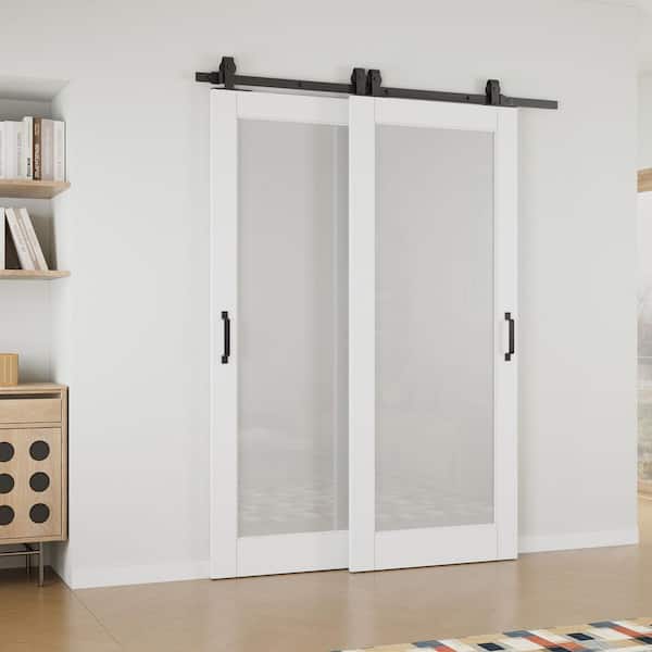 56 in. x 80 in. (Double 32 in.) 1-Lite Frosted Glass White Primed MDF Sliding Barn Door with Hardware Kit Bypass
