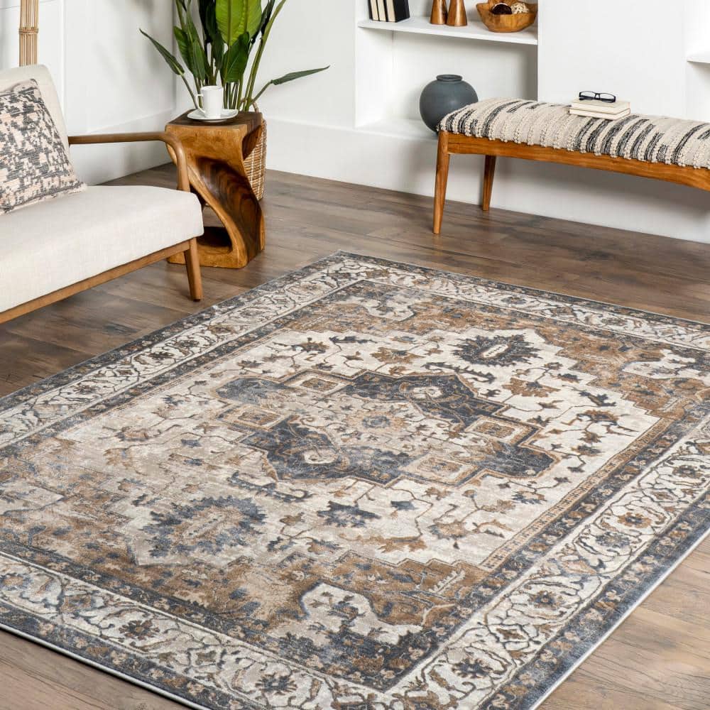 Vintage Medallion Beige and Blue Synthetic Area Rug