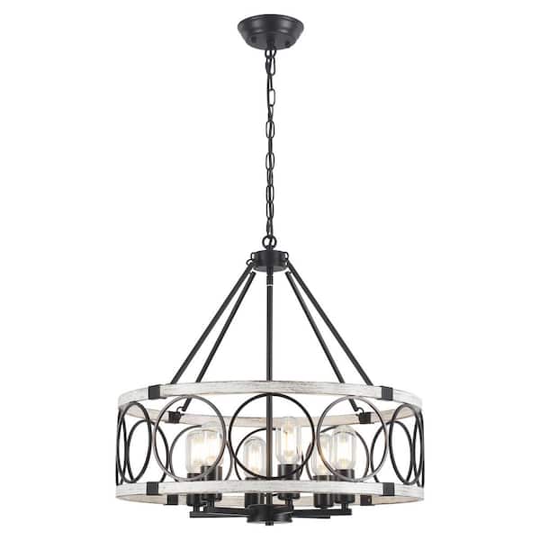 6-Light Black and Antique Distressed Beige Farmhouse Chandelier with Metal Shade for Dining Room