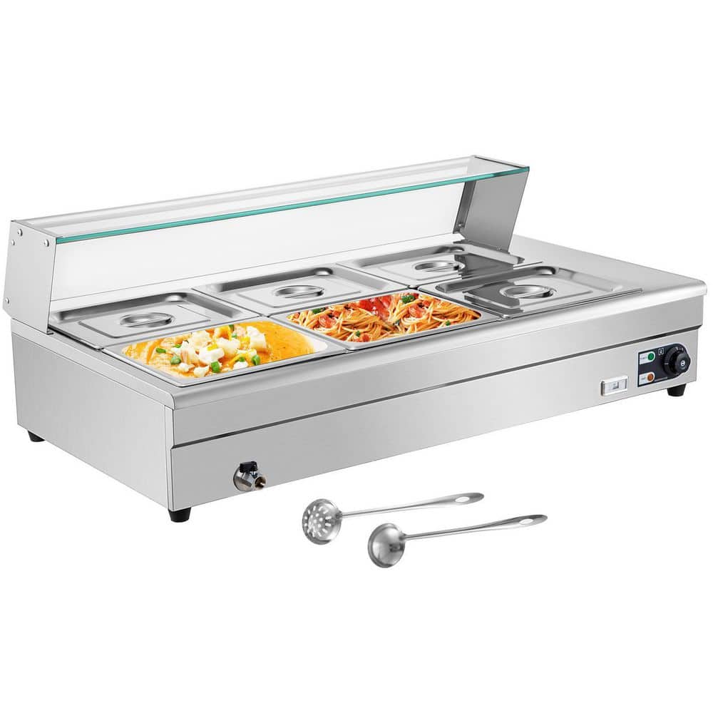 VEVOR 6 Pan x 1/2 GN Stainelss Steel Commercial Food Steam Table 6 in. Deep 1500-Watt Electric Countertop Food Warmer 66 Qt.