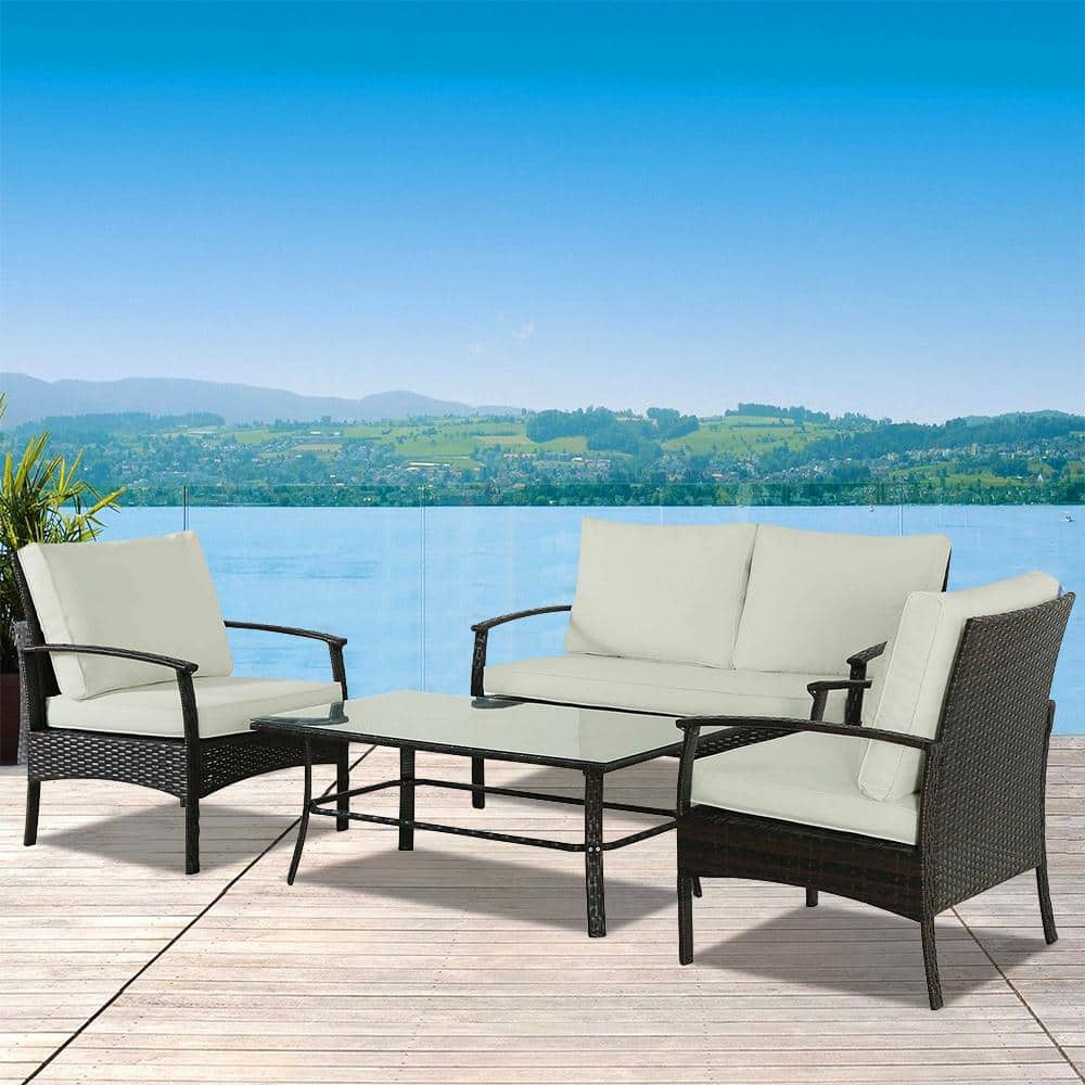 4-Piece Brown Wicker Rattan Outdoor Lounge Sectional Sofa Set with Beige Cu