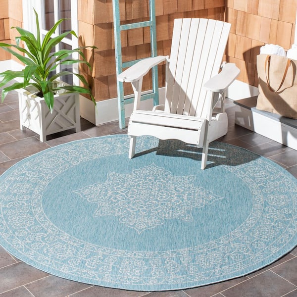 Courtyard Aqua/Gray 7 ft. x 7 ft. Round Medallion Indoor/Outdoor Patio  Area Rug