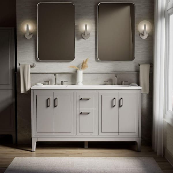 Seer 60 in. Double Sink Freestanding Mohair Grey Bath Vanity with White Quartz Top Assembled