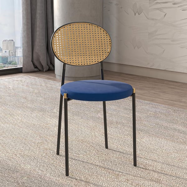 Euston Modern Wicker Dining Chair Velvet Seat with Black Stainless Steel Frame Accent Kitchen Side Chair in Navy Blue