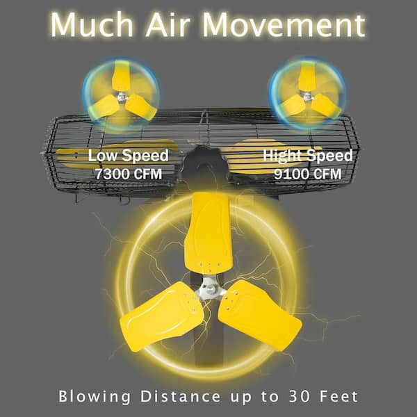 HiCFM 24 in. 9100 CFM Yellow Industrial Mounted Wall Fan, TEAO Motor, 180° Tilt, 9 ft. Cord, Ball Bearing - UL Listed