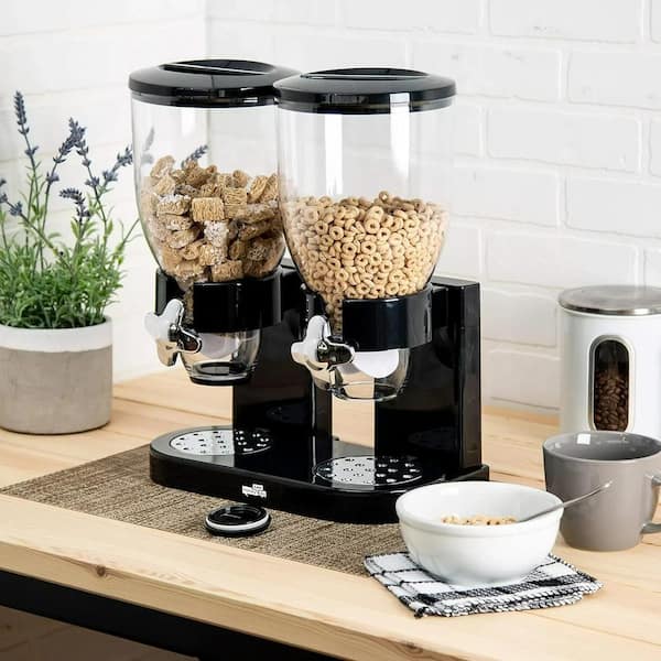 PRIMEPLUS Black Double Canister Dry Food Cereal Dispenser (1-Piece)