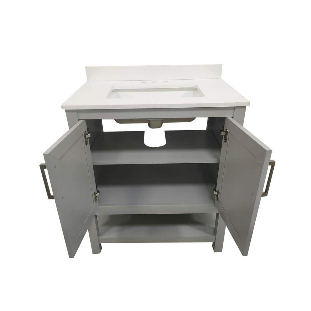Gray Freestanding Bathroom Vanity with Carrara Marble Top and Ceramic Sink