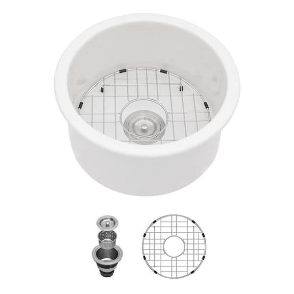18 x 18 in. Round Undermount Bar/Kitchen Sink Ceramic White with Sink Grid