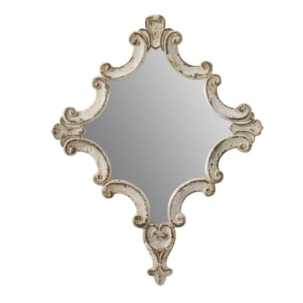 Benjara 23.4 in. W x 29.9 in. H White Carved Ornate Scrollwork Antique White Fir Wood Accent Wall Mirror