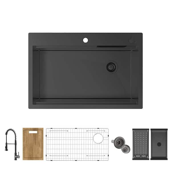 33 in. Drop-In Single Bowl 18-Gauge Black Stainless Steel Workstation Kitchen Sink with Waterfall and Spring Neck Faucet