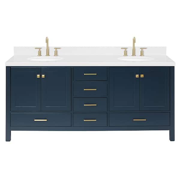 Cambridge 72 in. Double Sink Freestanding Bathroom Vanity in Midnight Blue with Carrara White Quartz Top