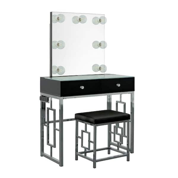 Margo 1-Piece Metal-Chrome Makeup Vanity Set with USB Port;Lights